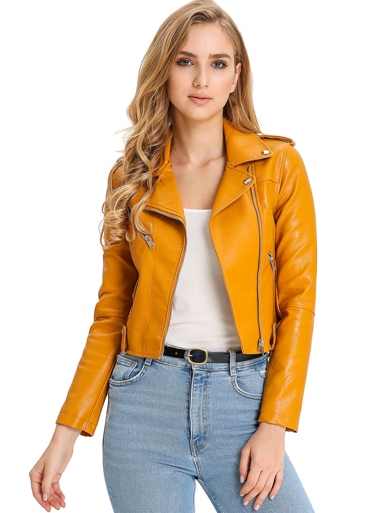 Zip Detail Lapel Neck PU Moto Jacket