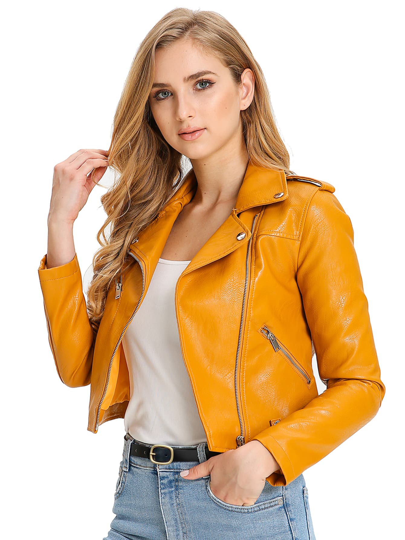 Zip Detail Lapel Neck PU Moto Jacket