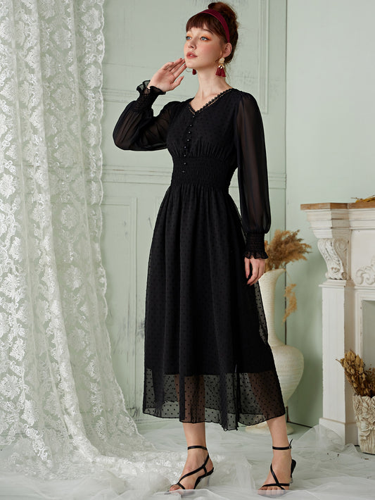 Swiss Dot Button Front Shirred Waist Dress