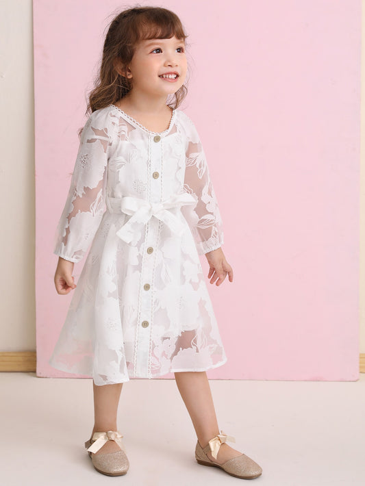 Toddler Girls Floral Mesh Belted Dress With Cami Dress