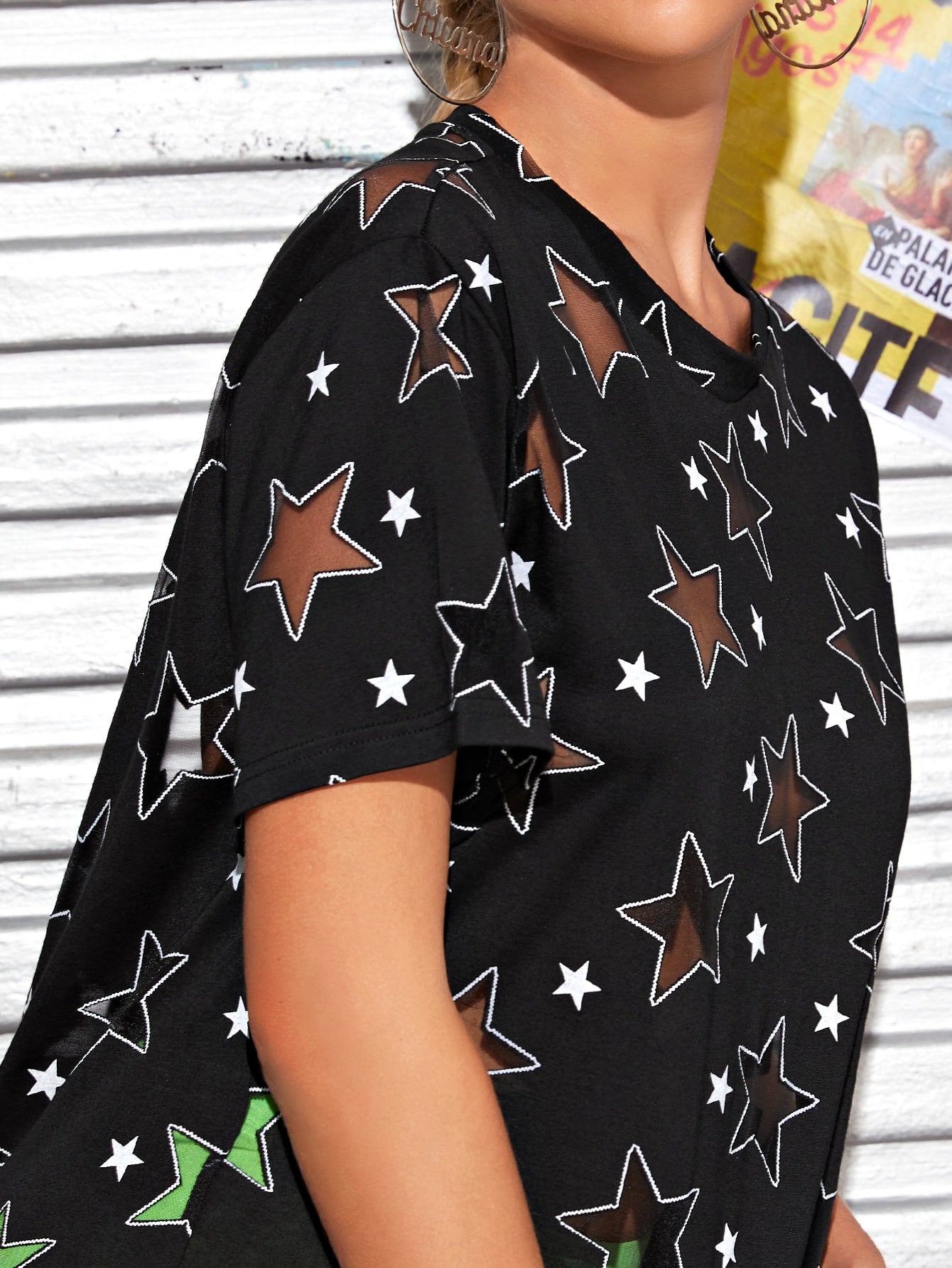 Star Print Mesh Insert Tee