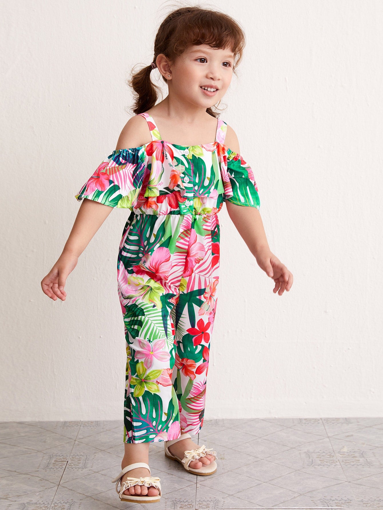 Toddler Girls Floral And Tropical Print Cold Shoulder Jumpsuit