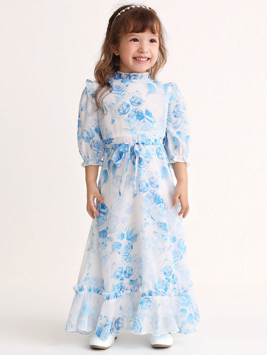 Toddler Girls Allover Floral Ruffle Neck Belted Dress