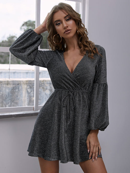 Surplice Neck Lantern Sleeve Drawstring Waist Glitter Dress