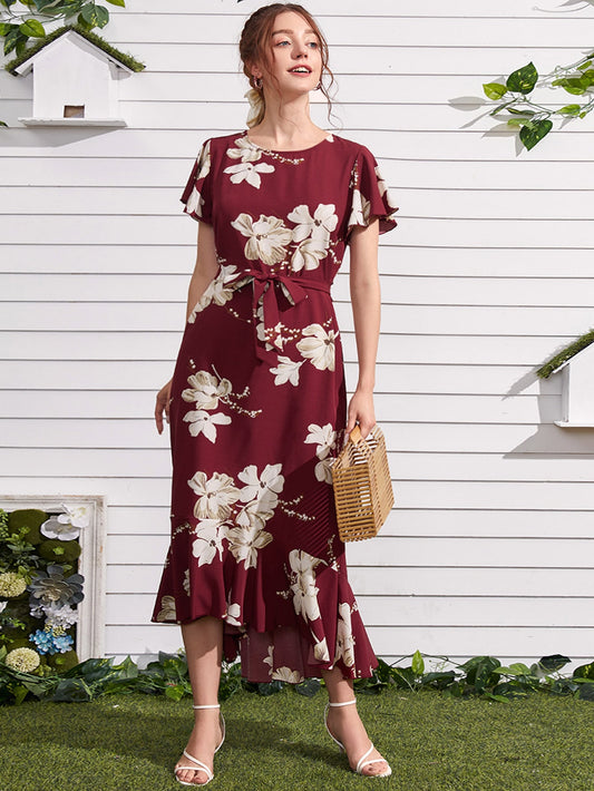 Floral Print Ruffle Hem Belted Dress