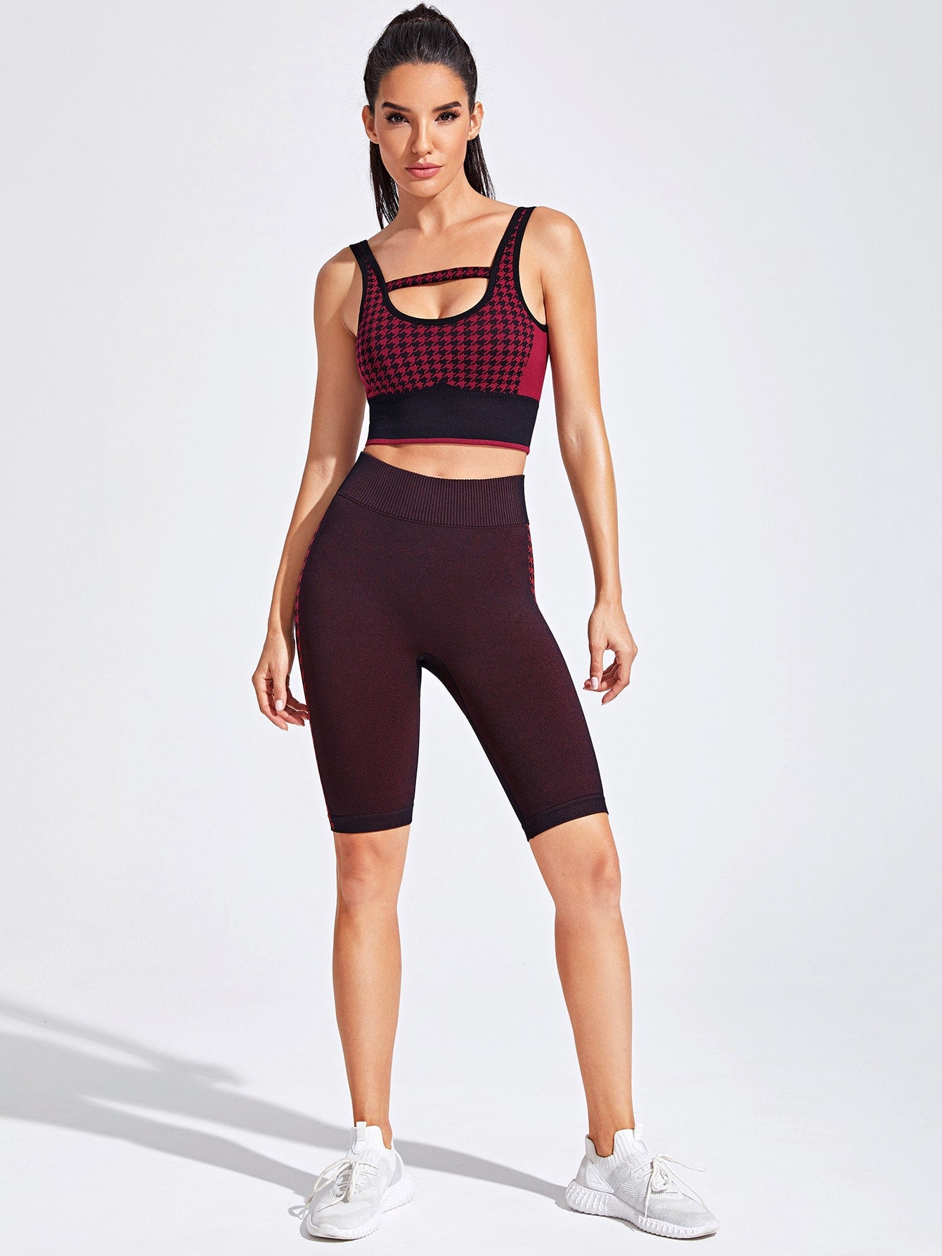 Houndstooth Print Sports Bra & Biker Shorts