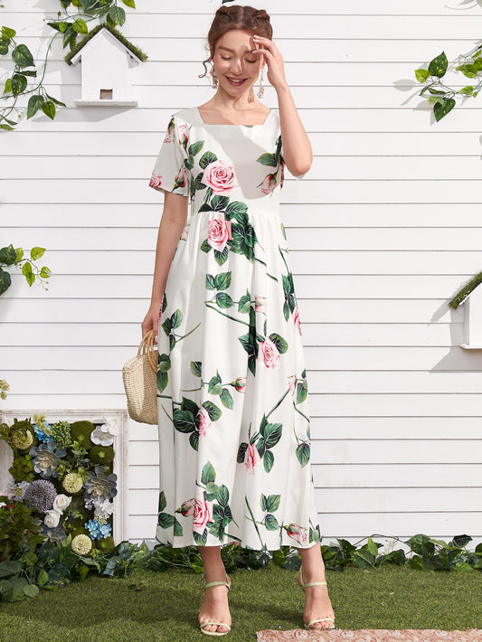 Floral Square Neck A-line Dress