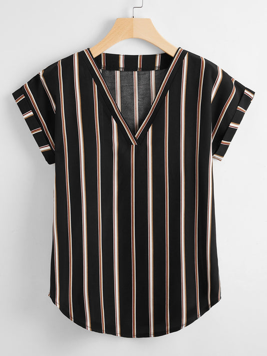Plus V-neck Vertical Striped Roll Up Sleeve Blouse