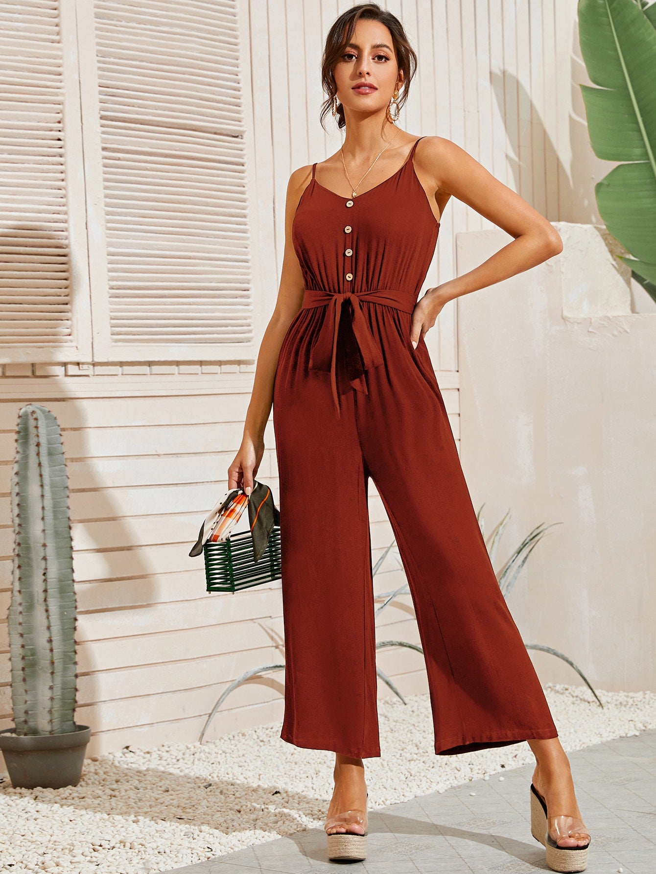 Button Front Self Belted Wide Leg Cami Jumpsuit