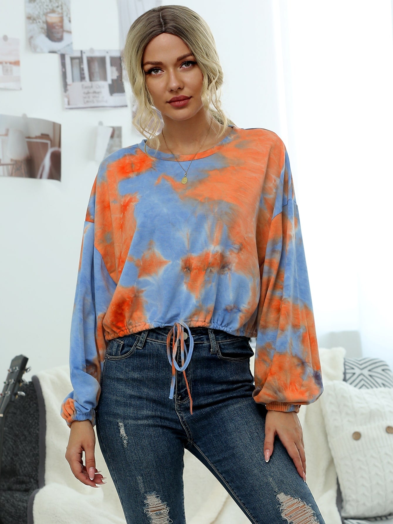 Tie Dye Drawstring Hem Lantern Sleeve Sweatshirt