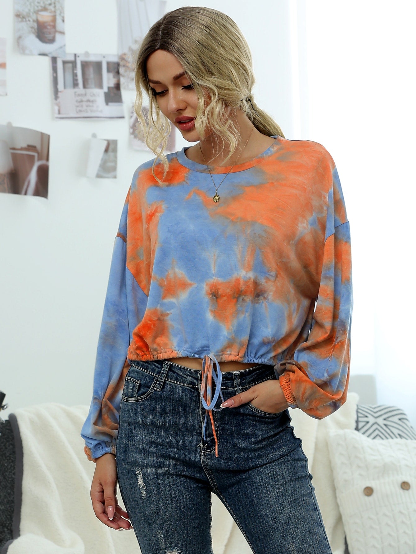 Tie Dye Drawstring Hem Lantern Sleeve Sweatshirt