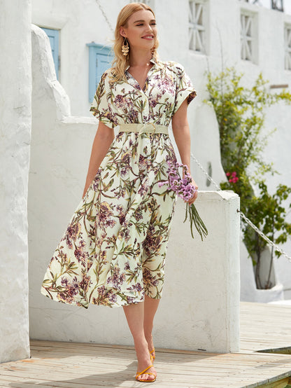 Allover Floral Button Up Belted Dress
