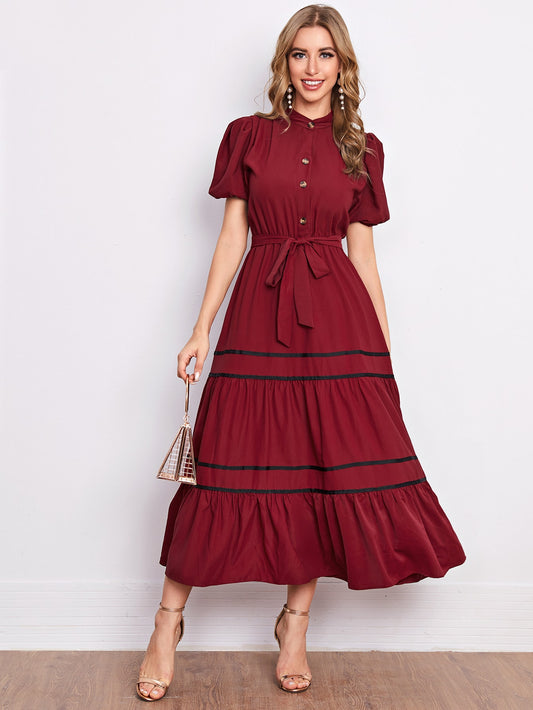 Puff Sleeve Ruffle Hem Self Tie Shirt Dress