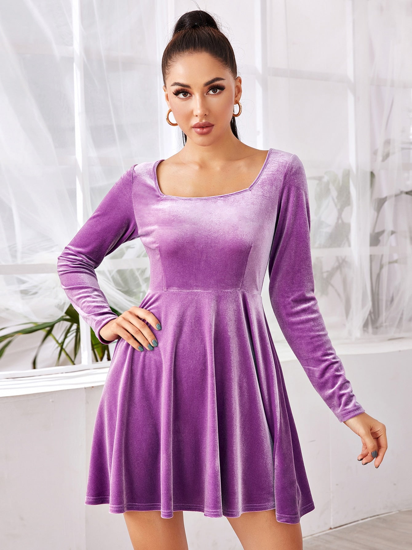 Square Neck Flared Velvet Dress Amy's Cart Square Neck Flared Velvet Dress Amy's Cart
