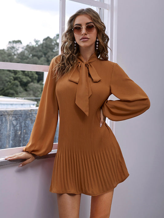 Tie Neck Lantern Sleeve Pleated Dress