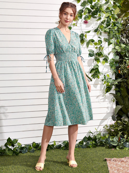 Ditsy Floral Knot Cuff Button Front Shirred Waist Dress