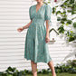 Ditsy Floral Knot Cuff Button Front Shirred Waist Dress