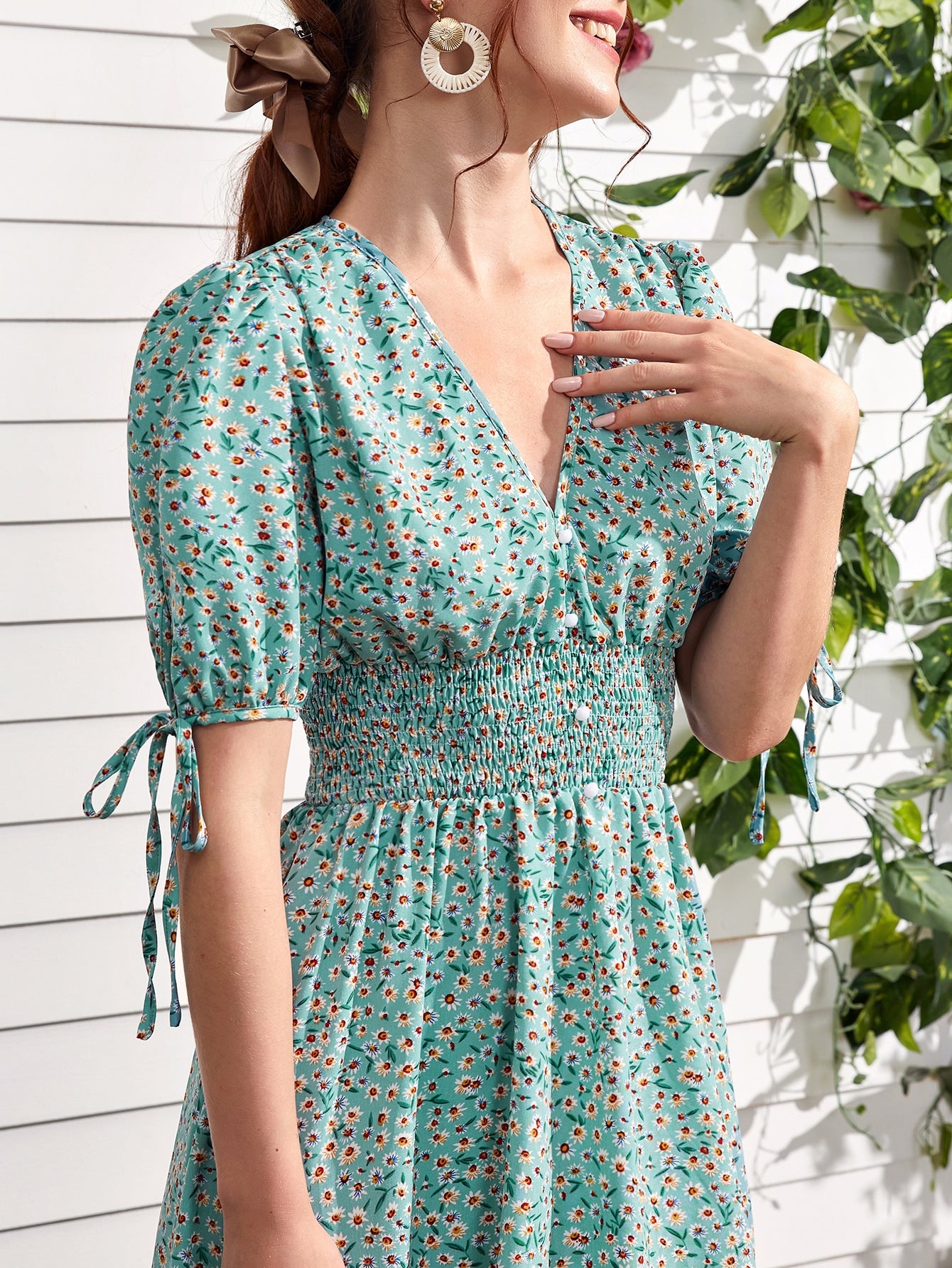 Ditsy Floral Knot Cuff Button Front Shirred Waist Dress