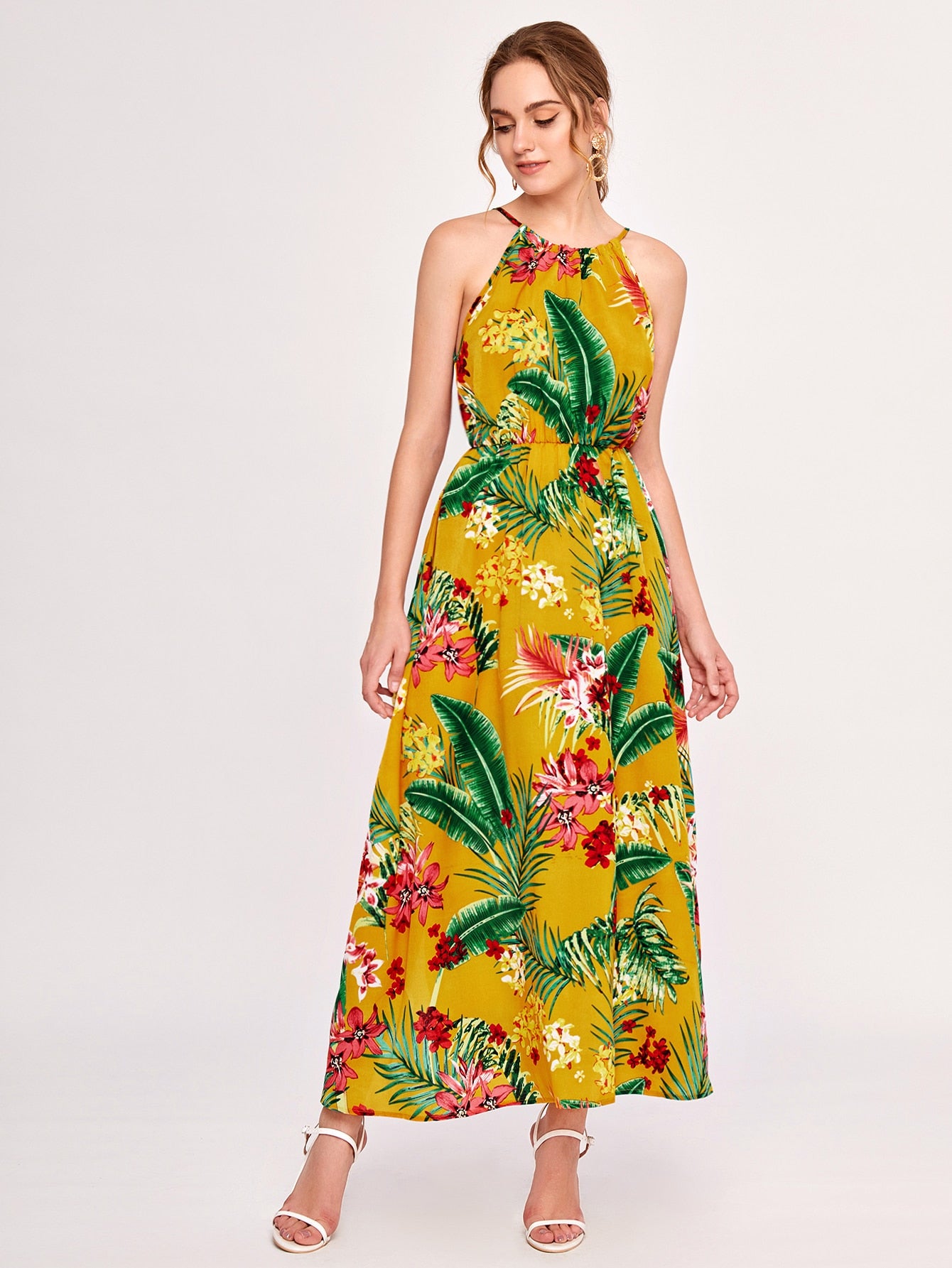Tropical & Floral Print Slit Hem Dress