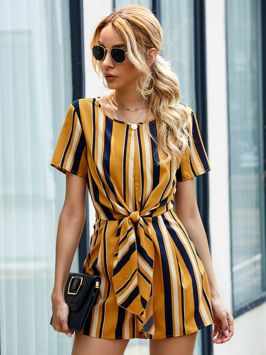 Striped Tie Front Zipper Back Jumpsuit