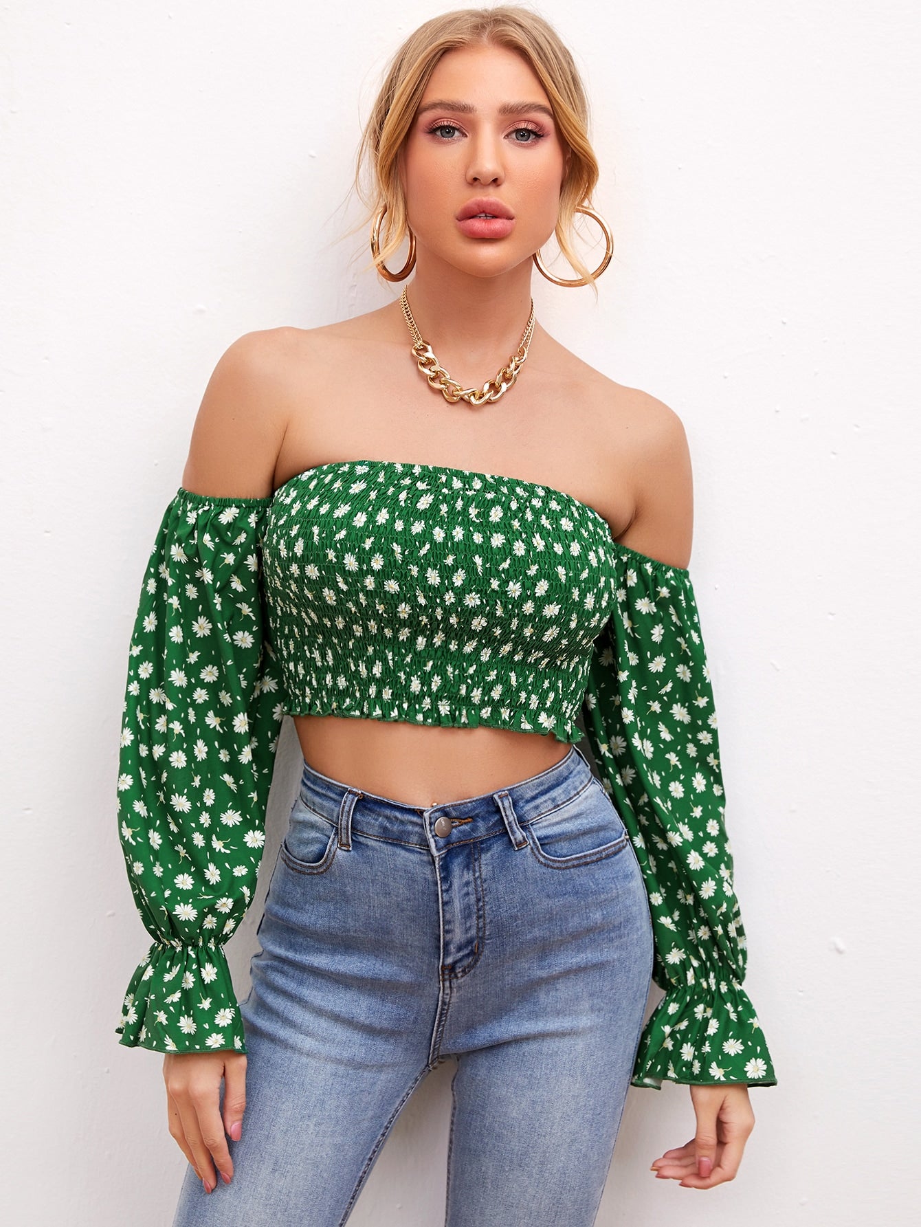 Bardot Shirred Flounce Sleeve Floral Top