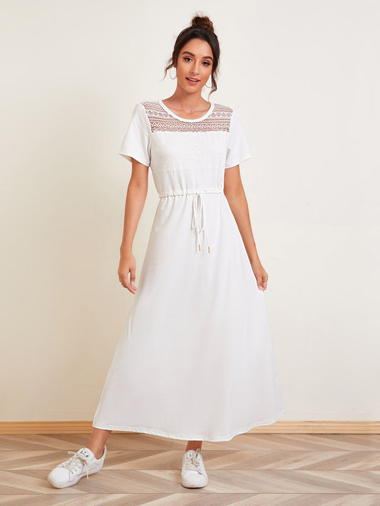 Contrast Lace Drawstring Waist Tee Dress