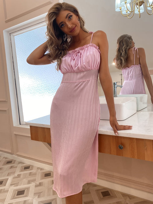 Frill Trim Knot Shoulder Satin Cami Dress