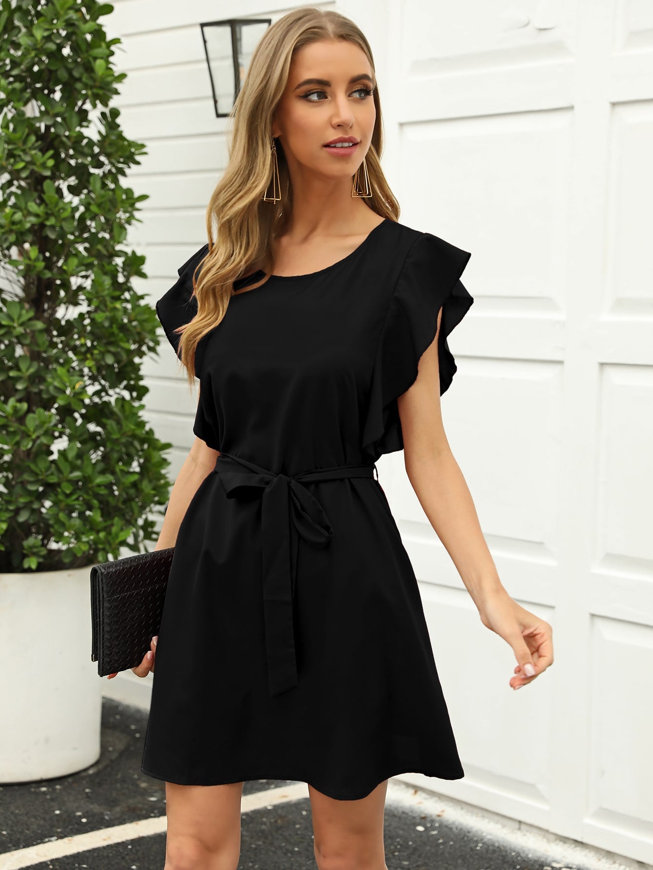 Butterfly Sleeve Belted Solid Dress