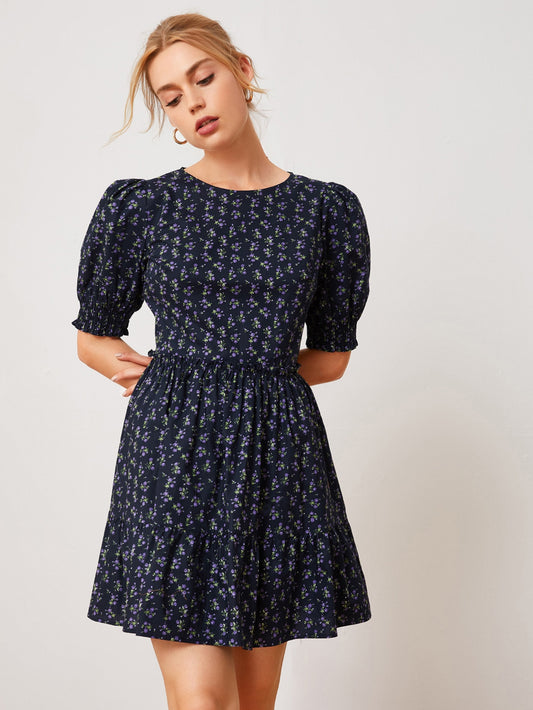 Shirred Cuff Frill Trim Ditsy Floral Dress