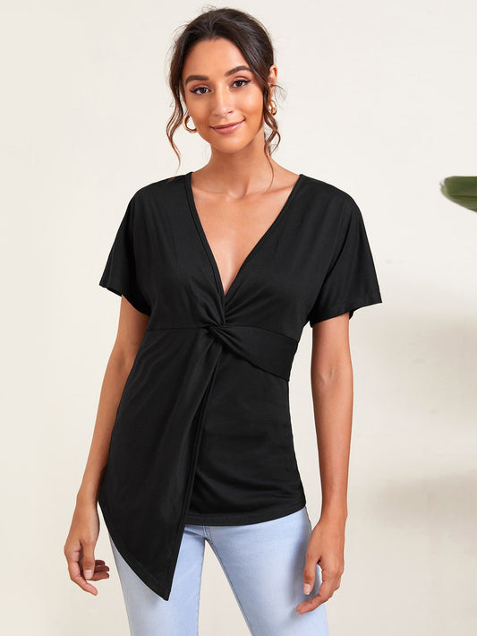 Solid Twist Front Asymmetrical Tee
