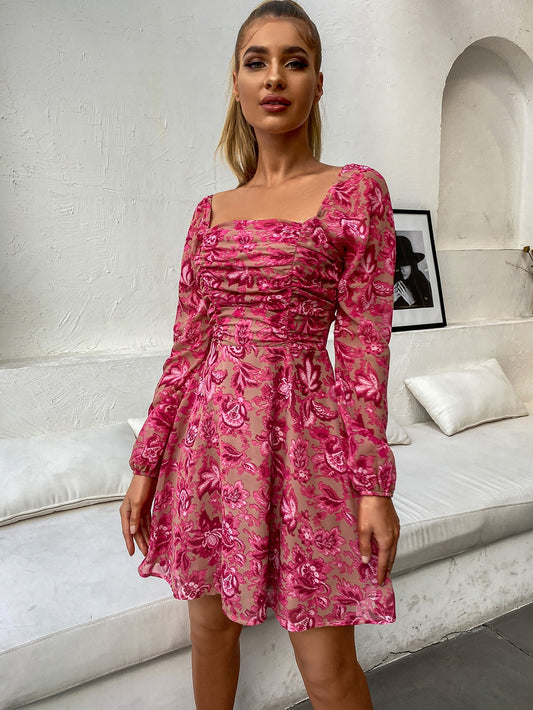 Square Neck Ruched Floral Dress