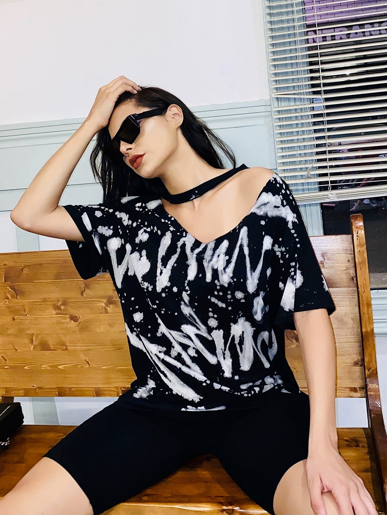 Keyhole Neck Letter Graphic Tee