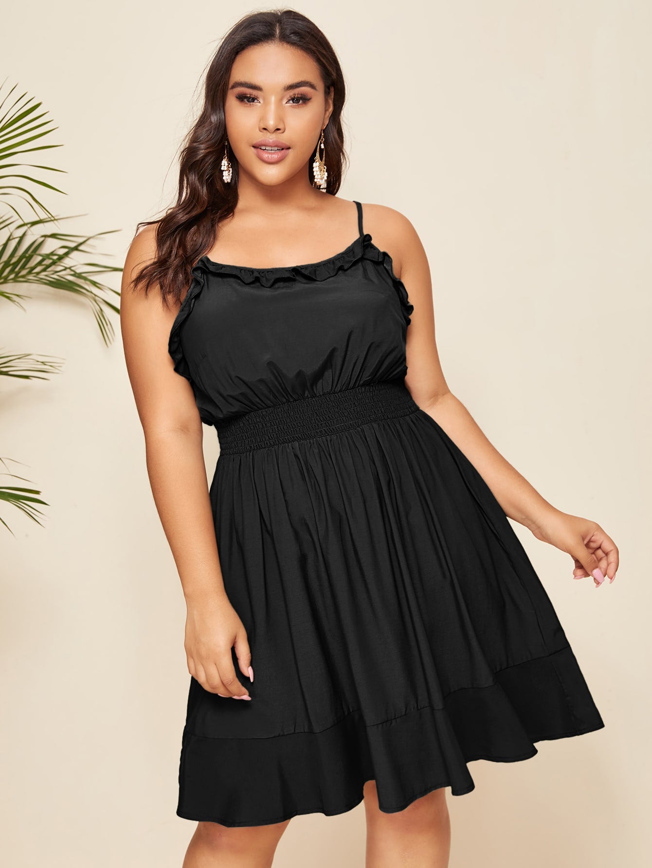 Plus Frill Shirred Ruffle Hem Cami Dress