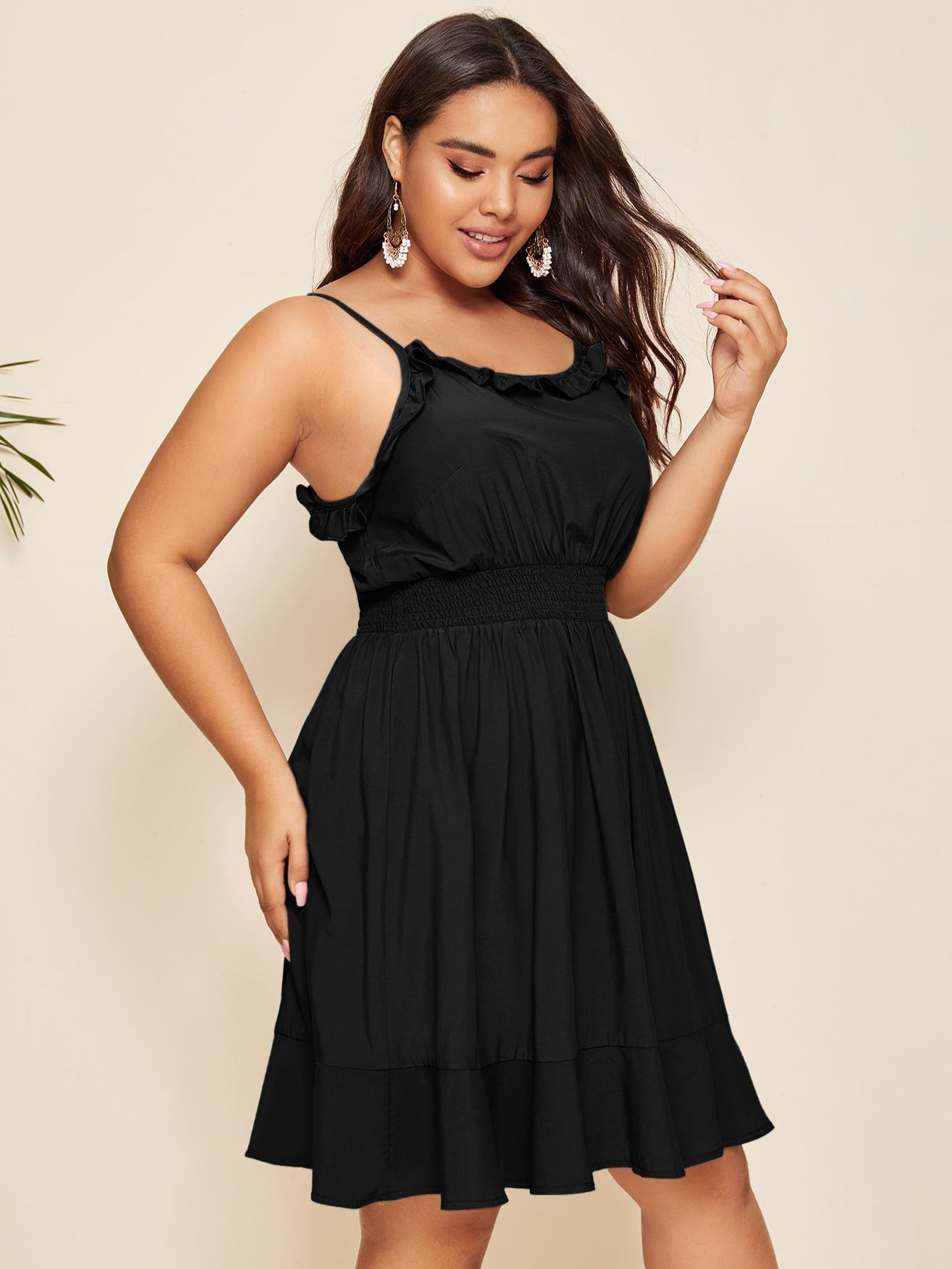 Plus Frill Shirred Ruffle Hem Cami Dress