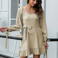 Knotted Cuff Ruffle Hem Belted Dress