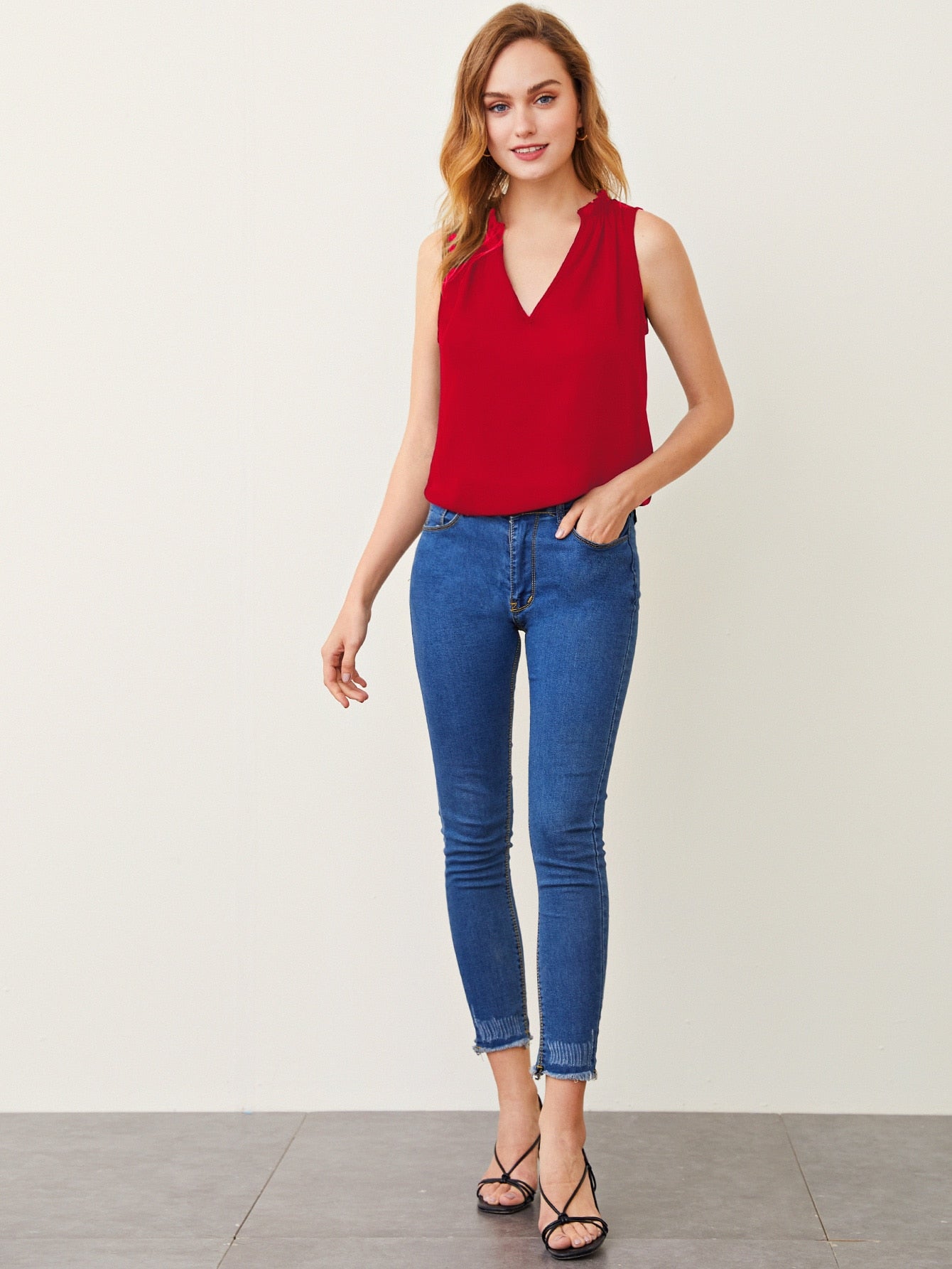 Notched Neck Frill Trim Top