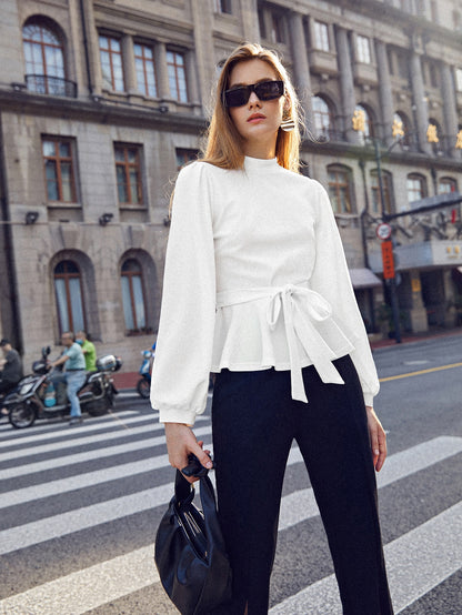 Mock Neck Solid Belted Top