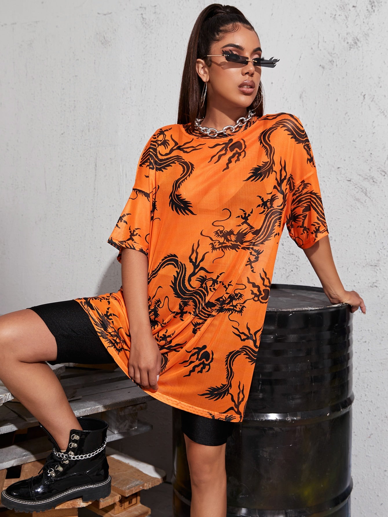 Chinese Dragon Print Oversized Sheer Top