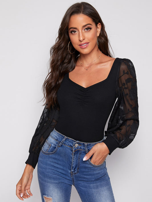 Sweetheart Neck Appliques Sleeve Ruched Front Top
