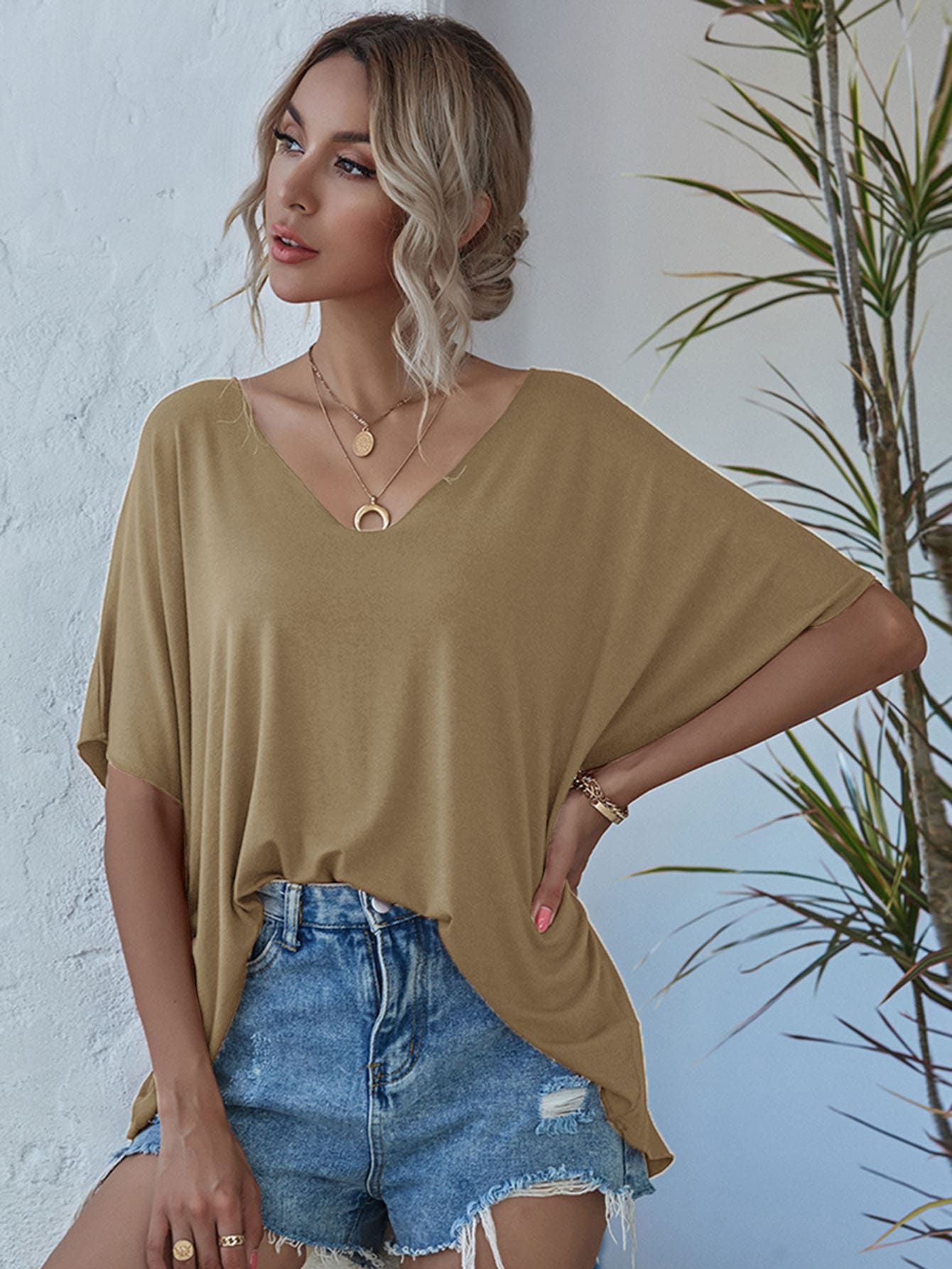 V-neck Batwing Sleeve Slouchy Tee