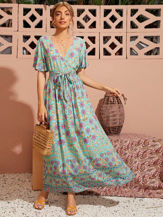 Tribal Plants Flutter Sleeve Self Tie A-line Dress