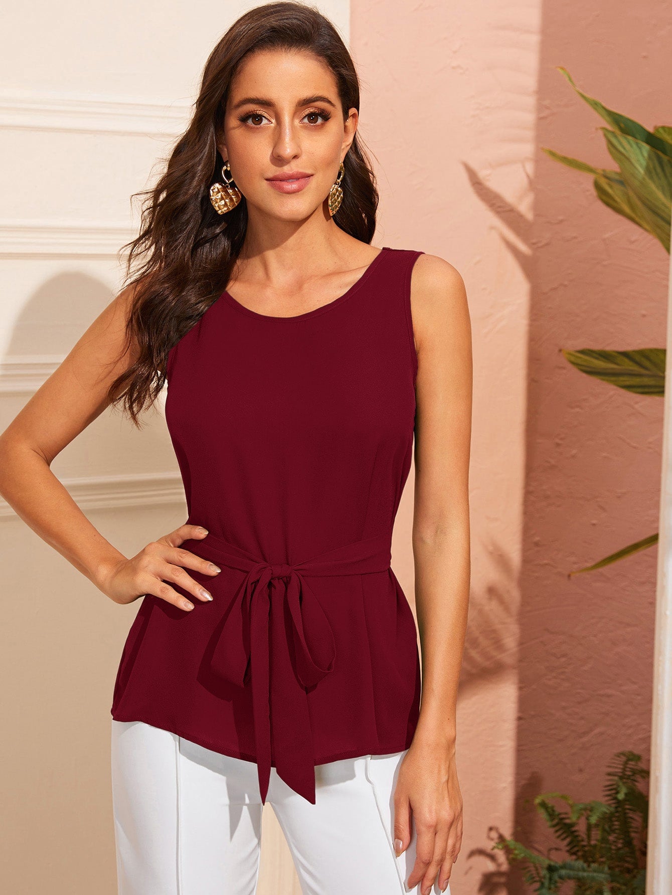 Solid Sleeveless Belted Top