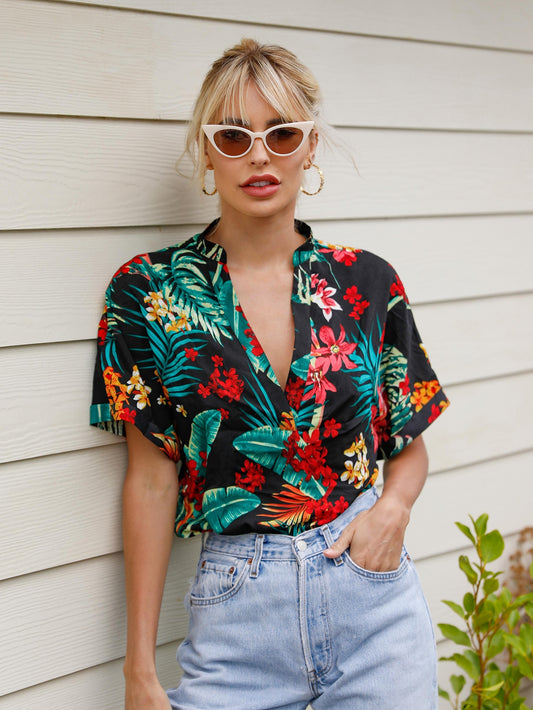 Tropical Print Notch Neck Dolman Sleeve Top