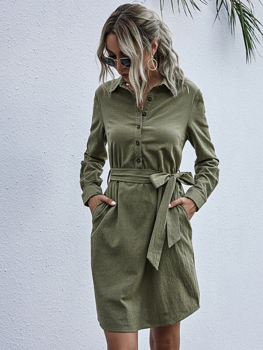 Half Button Self Tie Shirt Dress