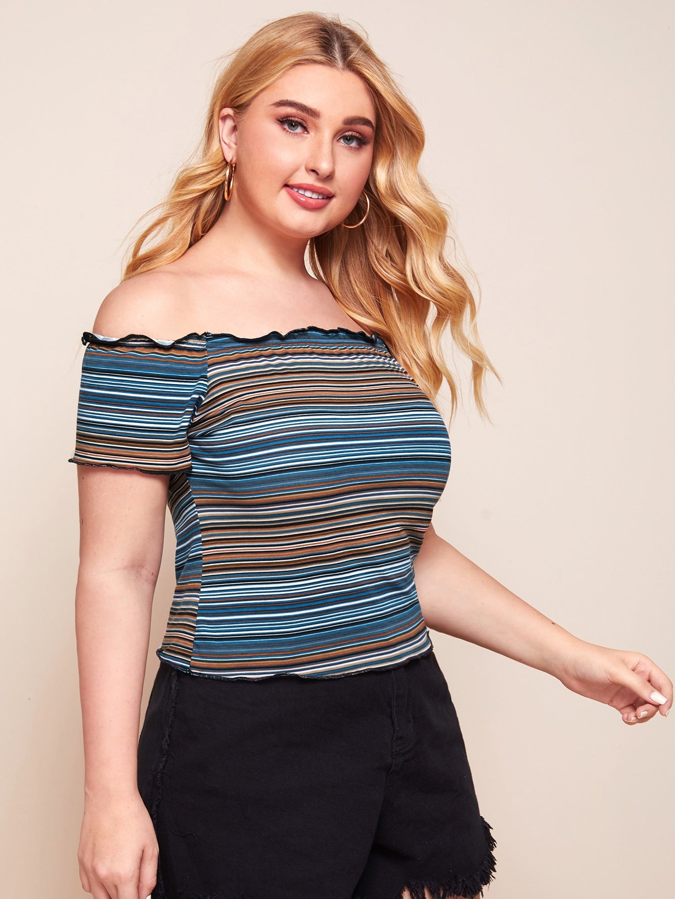 Plus Lettuce Edge Striped Bardot Top