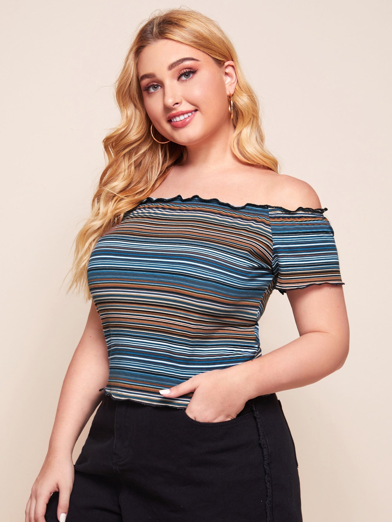 Plus Lettuce Edge Striped Bardot Top