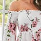 Off Shoulder Frill Trim Shirred Floral Dress