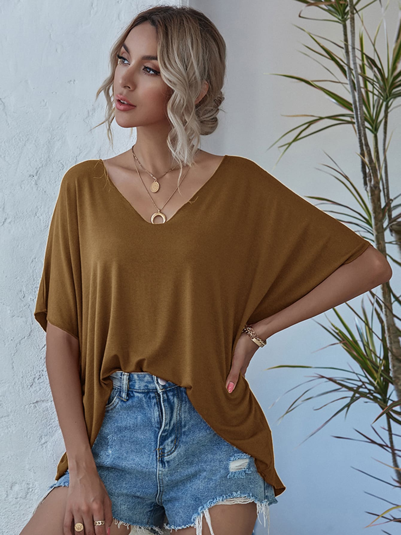 V-neck Batwing Sleeve Slouchy Tee