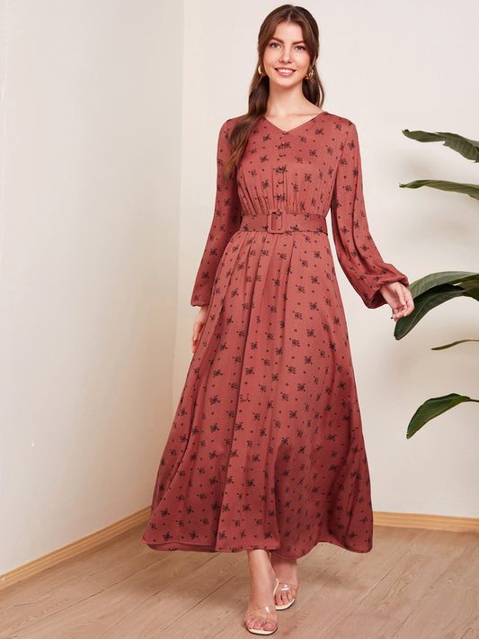 Floral Print Button Front Lantern Sleeve Buckle Belted Dress