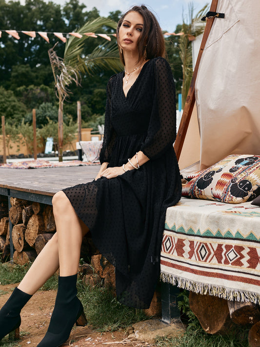 Swiss Dot V-neck A-line Dress